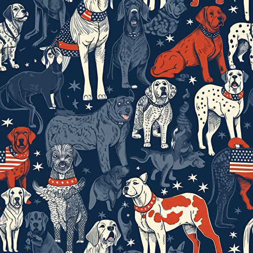 detailed vector illustration of proud dogs having fun, negative space inbetween dogs USA Flag Colors, 4th of July Theme, no watermarks