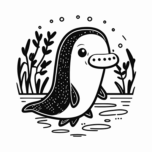 platypus in cartoon style, kids coloring page, simple line work, black and white no shadow, flat simple vector illustraion, cute and happy platypus with blush, smily face, in the water