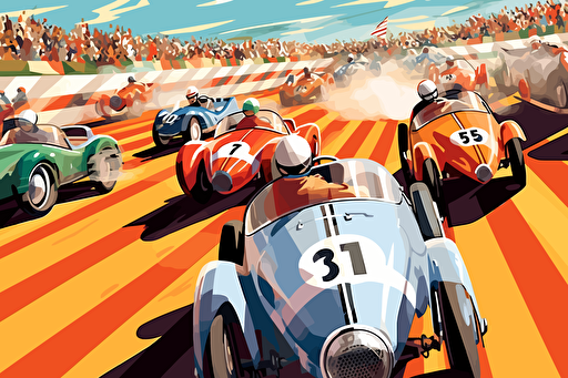 modern poster cartoon style, 1950's racing event, speed, flags, hot wheels loops, spectators, summer, vector art, light colours,