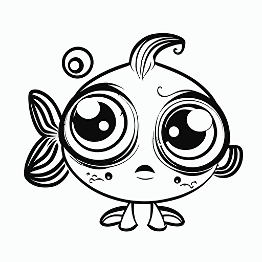 cute fish, big cute eyes, pixar style, simple outline and shapes, coloring page black and white comic book flat vector, white background
