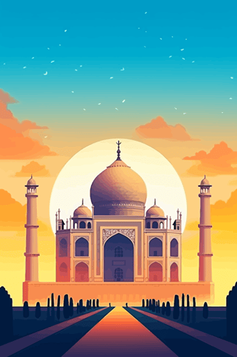 taj mahal, honeycomb style, bright lighting, summer vibrant colors, blue sky, sun in sky, faint clouds, front view, flat,vector,