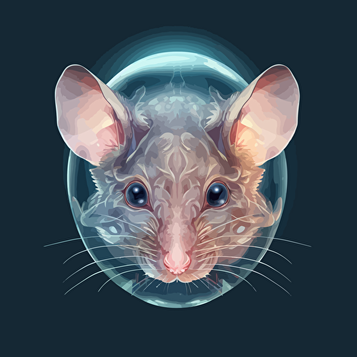 a laboratory mouse vector art, the top of the mouse head has an opening of the skin, the brain is exposed and visible from the top of the head. the brain is white and transparent and the brain looks like it is made from transparent gel