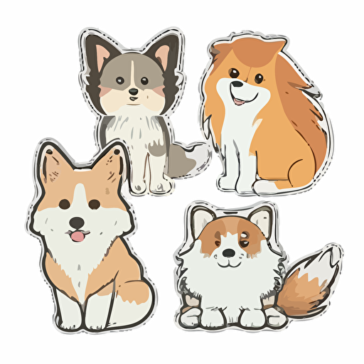 kawaii, four animals, white mancoon, brown calico, wolf dog, Rough Collie, sticker, vector, white background, contour, cartoon style