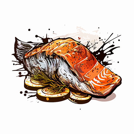 Grilled Salmon digital vector drawing, hand drawn, illustration, white background, no other elements except salmon