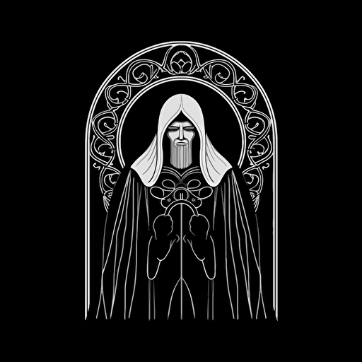 solid line white on black, medieval executor black background, vector, 3:4, simple 2D