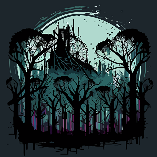The scene is set in the dark, eerie, in the woods, abandoned, shrubs, trees, bushes, roses, on a hill, with a city landscape in the background, broken carnival rides in the distance, dark gloomy clouds in the background, vector logo, vector art, cartoon