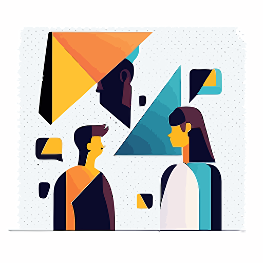 2 people talking, one says triangle another one understands rectangle, white background, Artsy flat vector illustration