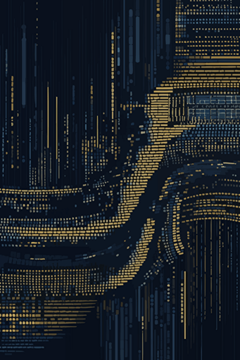 seamless wallpaper made of digital binary barcode data, vector dot matrix, futuristic zigguart sea theme, ocean, ultra-sharp intricate details, navy and gold, dark indigo and dark grey
