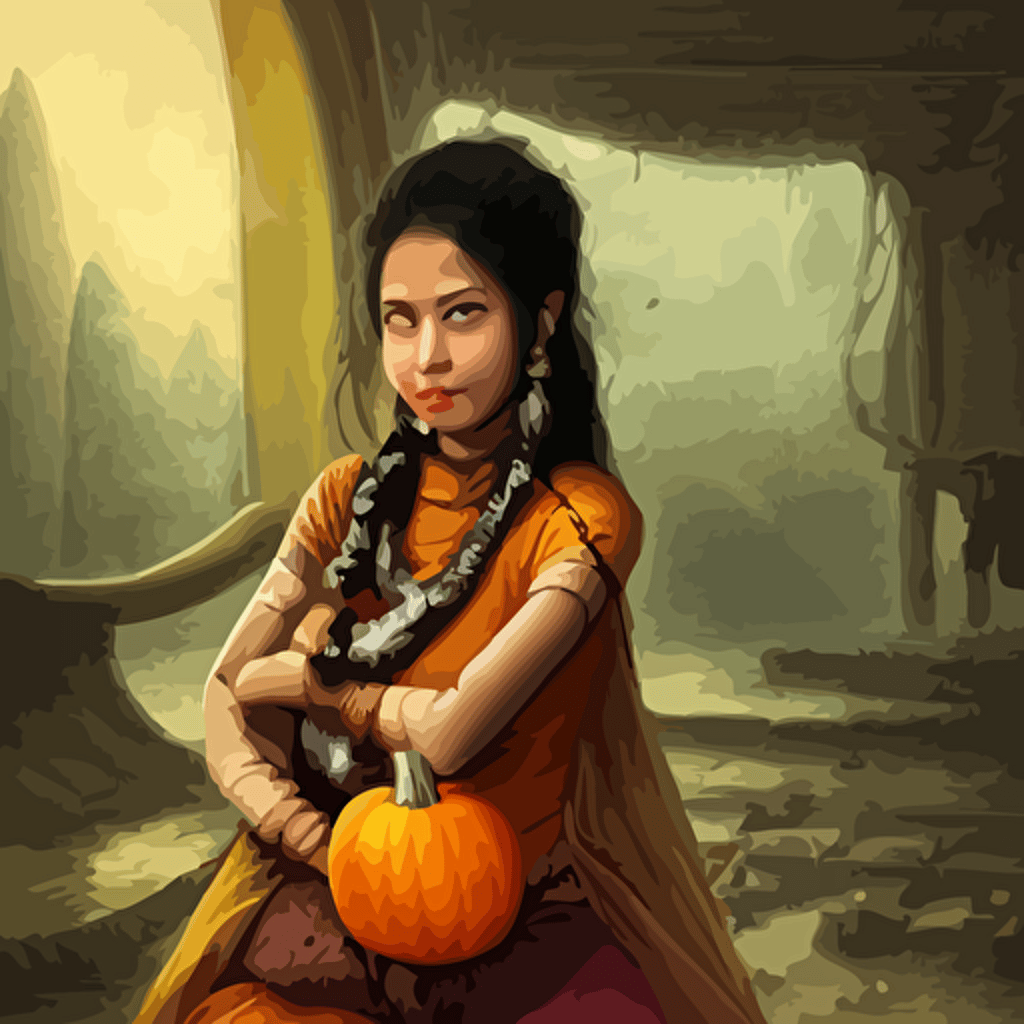 beautiful portrait pretty nepali princess holding pumpkin style romanticism cinematic character portrait epic fantasy 3d depth field blurred background female nautilus highly detailed epic cinematic concept art cg render maya blender photoshop octane render excellent composition cinematic dystopian brutalist atmosphere dynamic dramatic cinematic lighting aesthetic stylized inspirational golden hour detailed hq realistic warm light vibrant color scheme highly detailed muted colors moody filmic dreamy