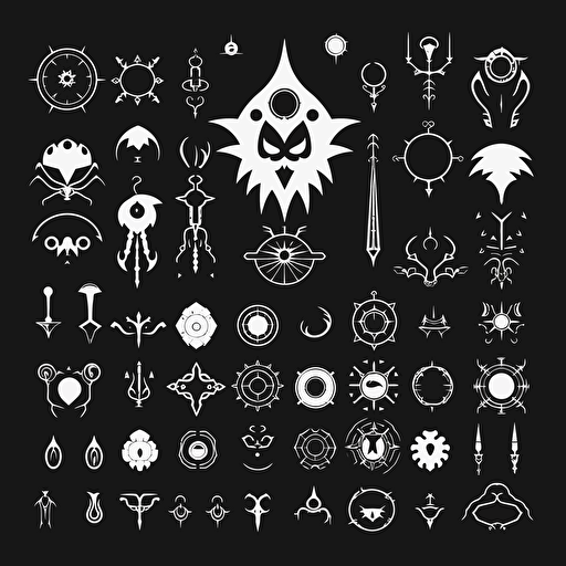 a black vector icon, obscure, magical, sigil, never before seen and unique style of 2d vector sigil illustration ::sprite sheet