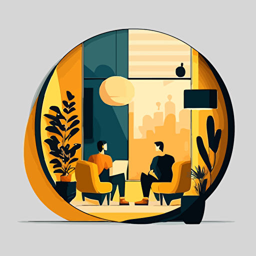 Simple, isotype, mirror, living room, mezzanine, minimal, couple relaxing, chilling, 2d illustration, flat, flat colors, vector illustration