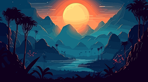 landscape of a foreign jungle planet with mountains, illuminated flora, slighly dark, vector illustration