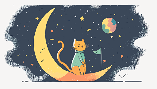 simple, 2d, cartoon, vector, vector art, pastel, cat on the moon, Little Prince Style, colourful,