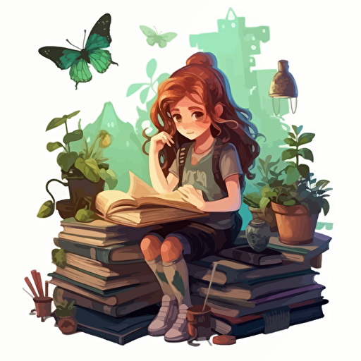 a chibi teenage studying girl vector fantasy style, cozy mellow image extremely detailed, hyper resolution smooth and bright colors, behind her a big bookshel stand, hanging bright green plants big windows, silky detailed butterflies flying around