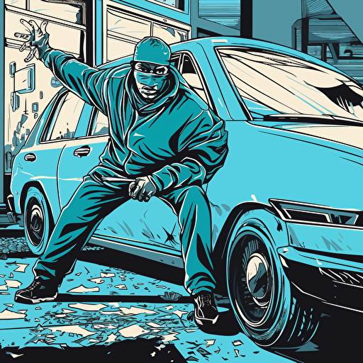 street level gangsta stealing a car, broken car window, vector art