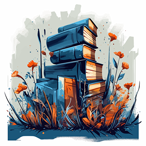 a vector image of books growing in a field, blue and orange and dark gray, graffiti style
