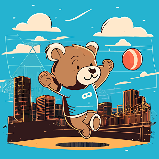 cute, adorable, cartoon teddy bear hitting volleyball in the air with nose, three colors only, vector style, Salt Lake City skyline background, clipart