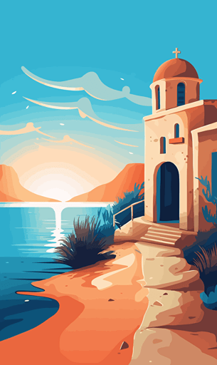 greek building on the beach, sea, ocean, sand, sky, blue and orange, simple vector art style