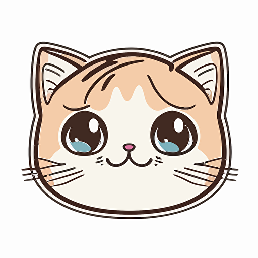 sticker, cute happy cat face with big hazel eyes, kawaii, contour, vector, white background