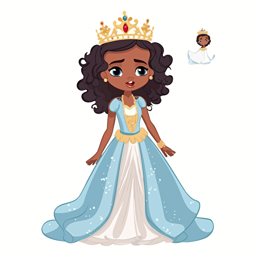 vector illustration full view image, multiple actions poses like running, walking, jumping and talking, of a cute, adorable, beautiful little mix race girl princess standing, wearing a white and blue child gown and a beautiful golden crown.