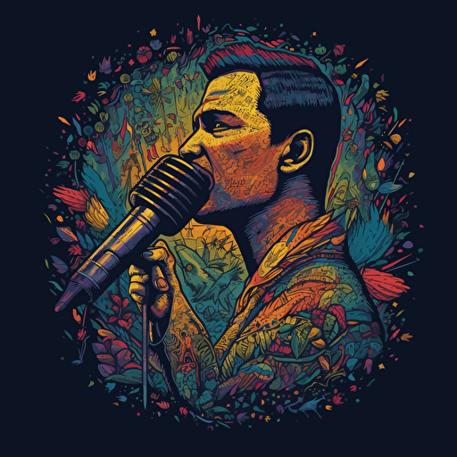 vector design of freddy mercury singing into microphone, intricate, colourful