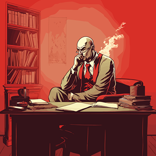 bald ganster private detective, sat at his desk smoking and looking smug, red theme, vector art