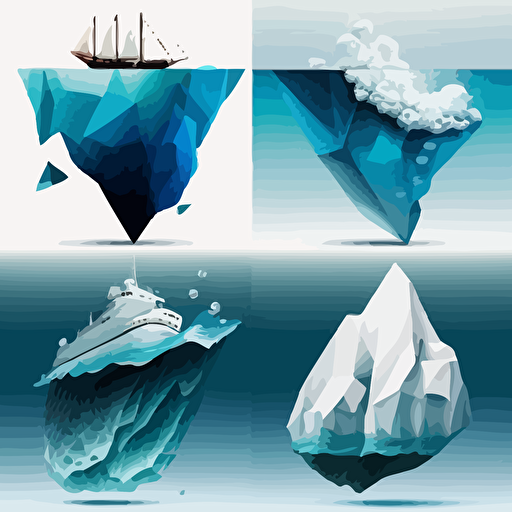 On the left side, four icebergs of different sizes in a row, one sinking ship from hitting an iceberg, another ship with a hexagon logo on it on the right side of the picture, in the ocean, vector image