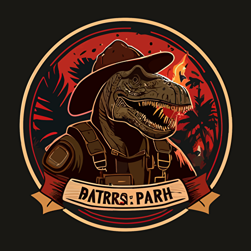 Jurassic park logo, the dinosaur is a fire fighter, vector art, flat, round