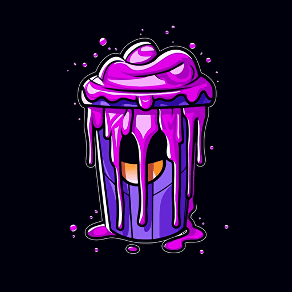 a drippy vector design of a styrofoam cup dripping purple syrup, cartoon style, black background
