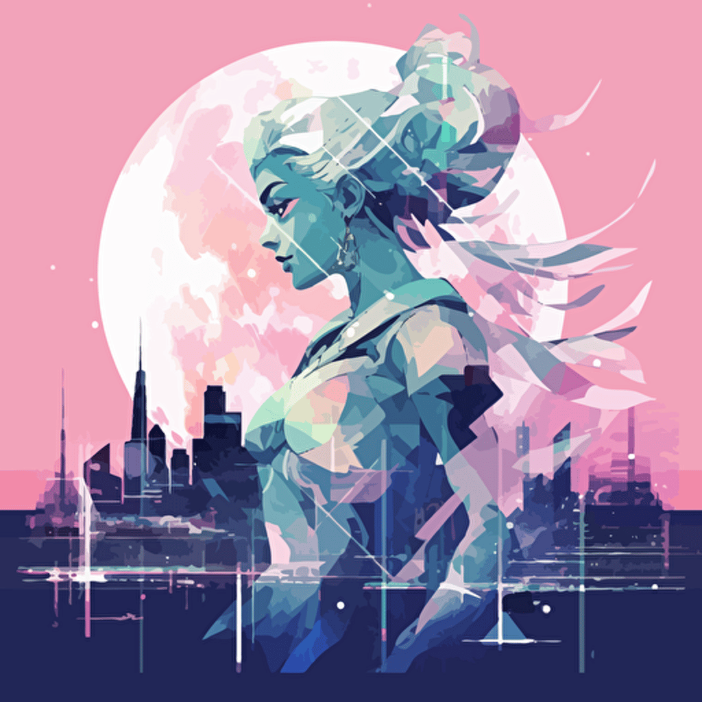 clean minimal sailor moon in the city in vector art style double exposure style