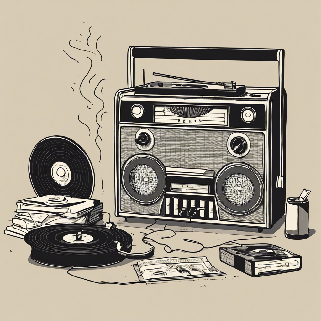 Retro radio and a record player with vinyl records strewn about, illustration in the style of Matt Blease, illustration, flat, simple, vector