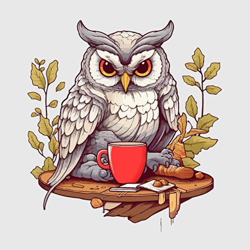 happy relax owl reading a book, a coffee cup beside the owl, vector, illustration for sticker, illustrator, vector art illustration style, grey background, high resolution,