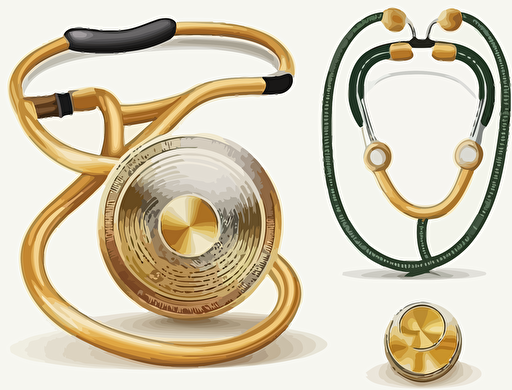 stethoscope vector clip art, hand painted illustration,in center as separate element, gold color, centered, high quality. White background, no watermarks,2 colors