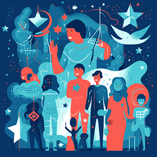 flat vector stylized illustration of children being defended by lawyers, youth justice, hopeful, surrounded by symbols of the law,