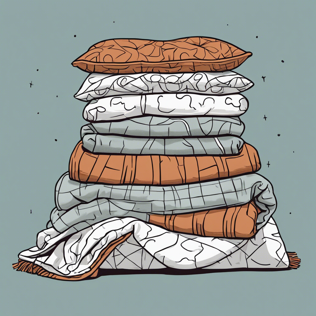 Pile of cozy blankets and pillows, illustration in the style of Matt Blease, illustration, flat, simple, vector