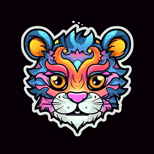 sticker, colorfull cartoon tiger, kawaii, contour, vector, black background