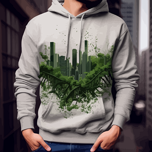 Depict an urban landscape with elements of nature intertwined. Embroider skyscrapers or city buildings along with trees, vines, or ivy creeping up the structures. Use a combination of green and gray threads to create a visually striking contrast. This design will bring a fusion of urban and natural aesthetics to the hoodie, simple, vector,