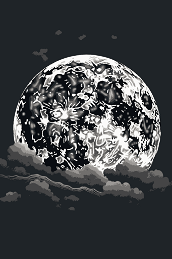 vector minimalistic catooned illustration of a big full moon in a dark night sky that uses the clouds as a rough border or frame to the illustration, white background