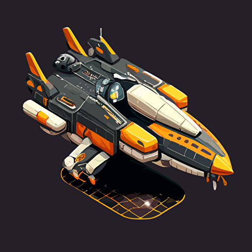 futuristic space ship from the Gunstar universe, top down, isometric, orange and grey, black background, minimalistic, vector