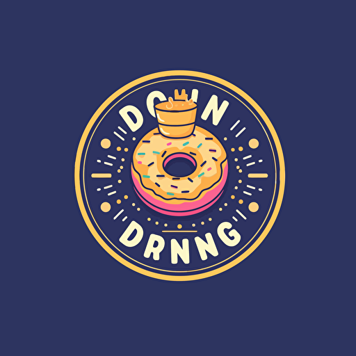 Create a modern logo with three vector donuts, the center donut with a queen crown, all in a circular frame. do it with gold, black, dark blue colors, with letters around it that say donut king, without images of people
