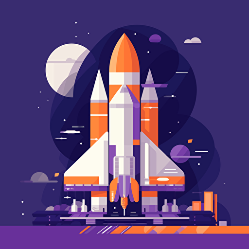 spaceship preparing for launch, 2D, vector, flat art, fedex purple and orange