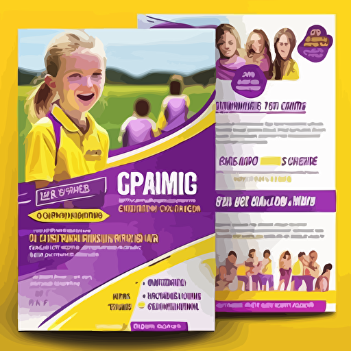 design a fun and engaging single sided A5 flyer for a children sports coaching company promoting their summer sports camp. Brand colours are purple, yellow and white. Include images/vectors of children playing, space for details, pricing, venue, time, booking info etc