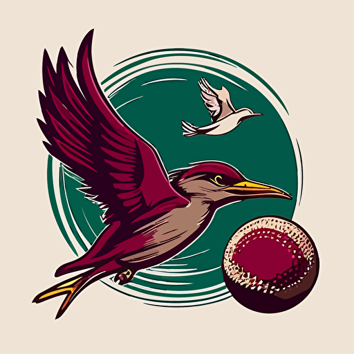 vector logo of a maroon cricket ball with a mallard duck flying in orbit