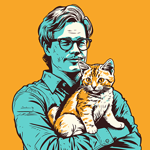 vector art style, 38 year old white male designer, thick rim glasses, holding a cat, in the style of Michael Parks