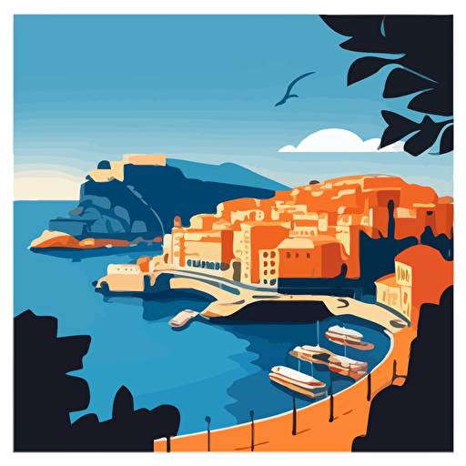 vector image of Monaco, using only orange and blue colours, simple cartoon style shading, very simple, harbour, ocean, blue skies, hill