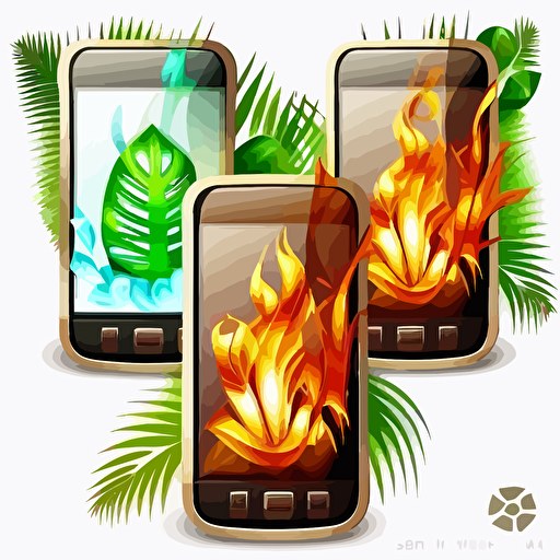 tiki style buttons for a mobile app, vector no background transparent, bamboo leaves fire with room for text on buttom
