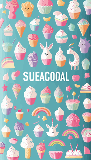 Full-size book cover, vector style pattern with at least 50 illustrated objects consisting of unicorns, flamingos, cupcakes and rainbows, clear vector areas, colorful, place a larger unicorn in the lower center