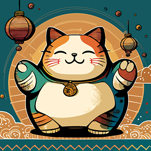 fat Maneki Neko with original color and backgroud casino room , cute ,simple vector,cartoon ,3