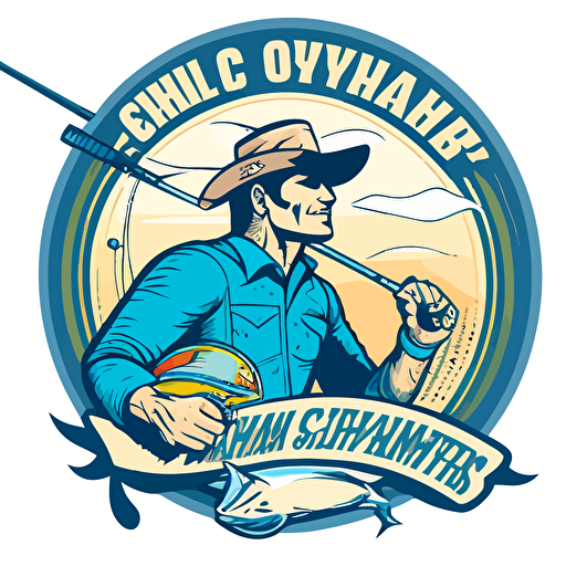 Logo retro design for an offshore fishing company "Saltwater Cowboy Charters" that features a young superman comic book style cowboy wearing sunglasses, holding a fishing pole, riding on top of a cartoon style blue marlin, flat, vector, 2D
