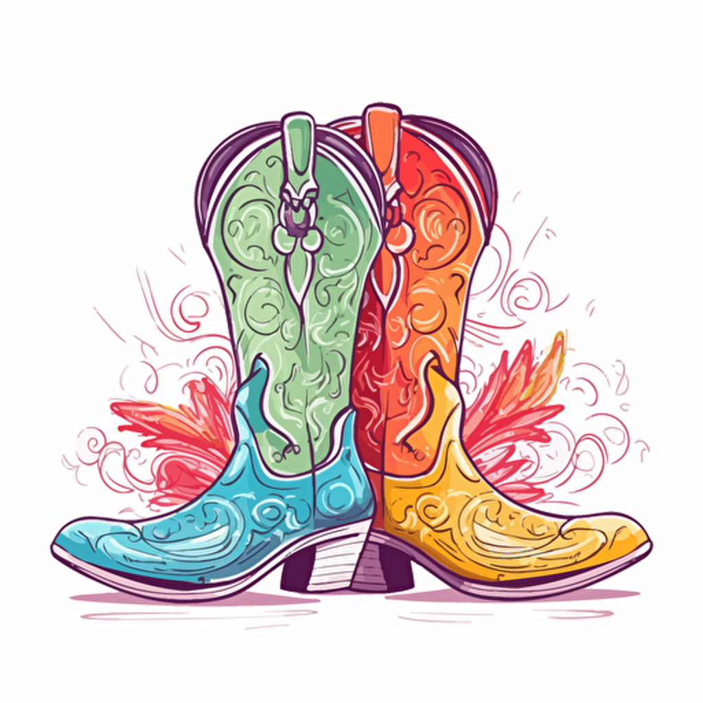 adorable brightly colored cowboy boots on a white background + doodle style + white background + simple vector + bright colors
